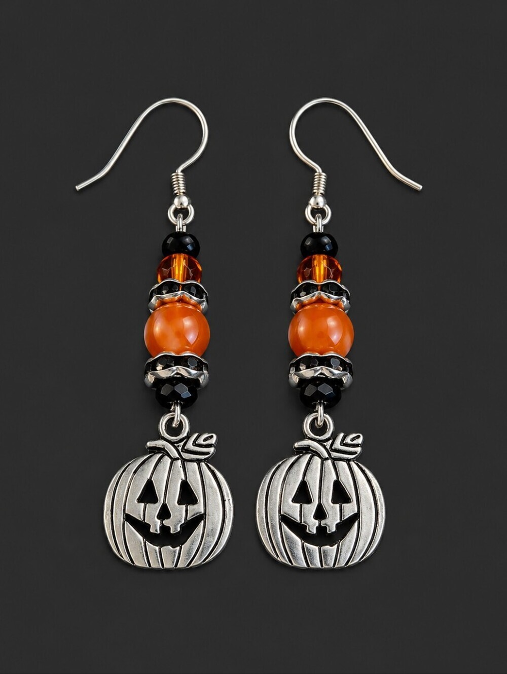 HANDMADE Halloween Agate Glass Beaded Pumpkin Dangle Hook Earrings